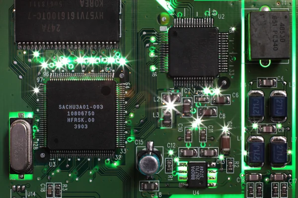 Glowing Printed Circuit Board Macro Detail — Stock Photo, Image