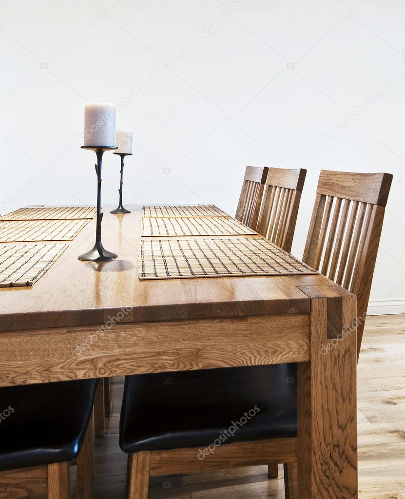 Six seat massive wood dining table with chairs