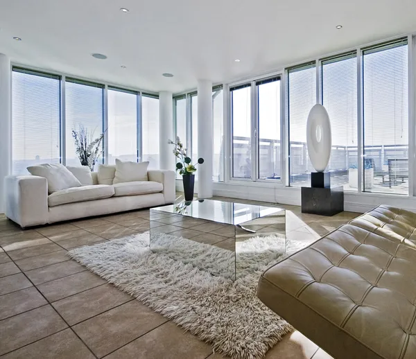 Gran sala de estar con sofás blancos gruesos — Foto de Stock