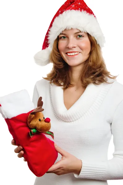Portrait de la jeune femme avec des cadeaux du Nouvel An, il est isolé — Photo