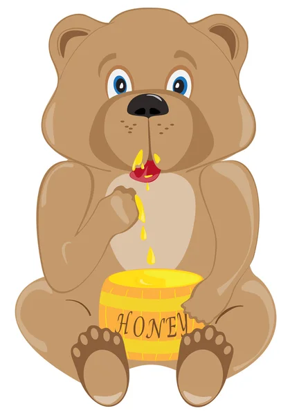 Μωρό αρκούδα τρώει μέλι — Διανυσματικό Αρχείο