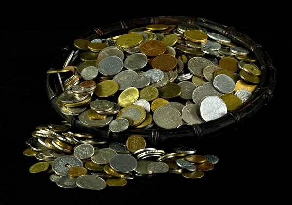 Various Coins Basket Black Background — Stock Photo, Image