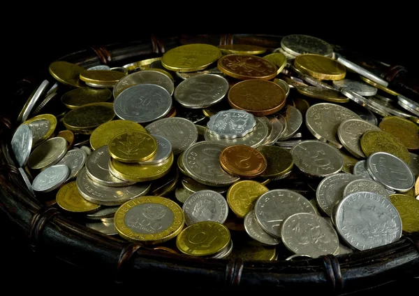 Various Coins Basket Black Background — Stock Photo, Image