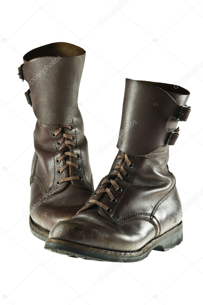 Pair of worn Polish army boots used in seventies of the twentieth century - isolated