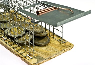 Mouse trap with Euro coins on white background clipart