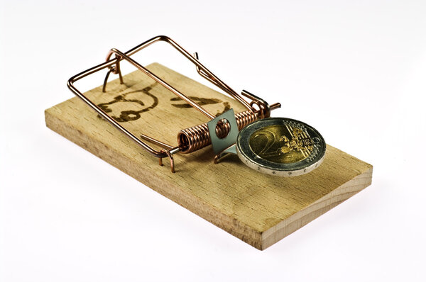 Mouse trap with Euro coin on white background