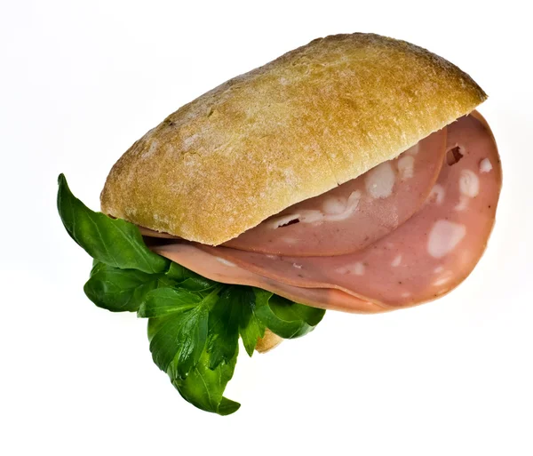 stock image Bread roll with mortadella