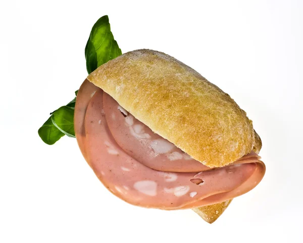 stock image Bread roll with mortadella