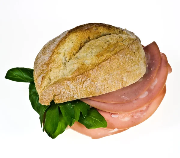 stock image Bread roll with mortadella