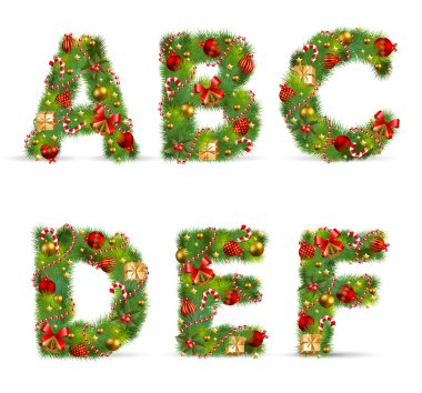 ABCDEF, vector christmas tree font clipart