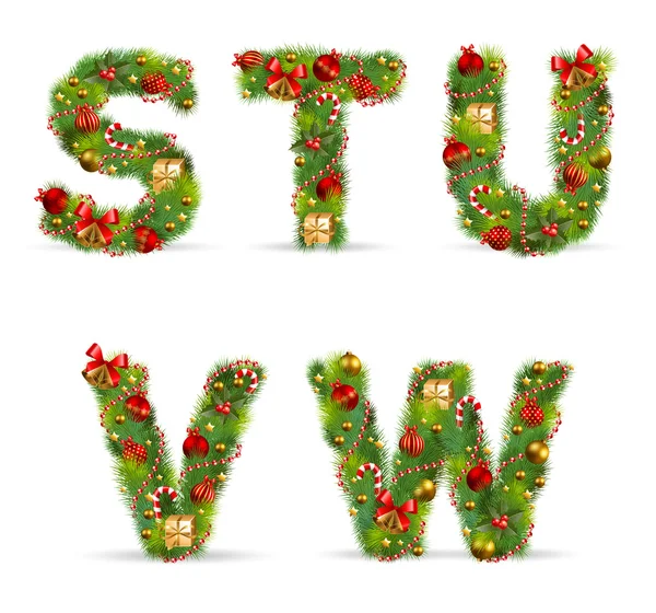 Stuvw, διάνυσμα γραμματοσειρά χριστουγεννιάτικο δέντρο — Διανυσματικό Αρχείο
