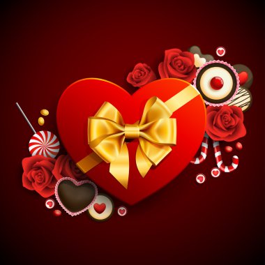 Red heart shape gift with sweets. Valentine background clipart