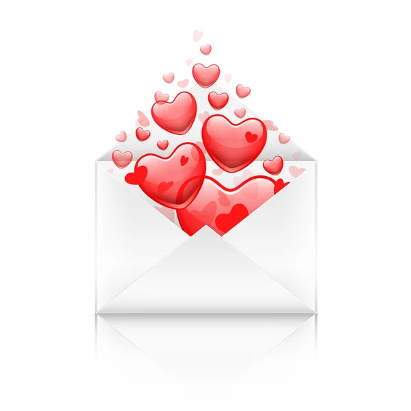 Envelope Dia Dos Namorados Aberto Com Corações Vermelhos —  Vetores de Stock