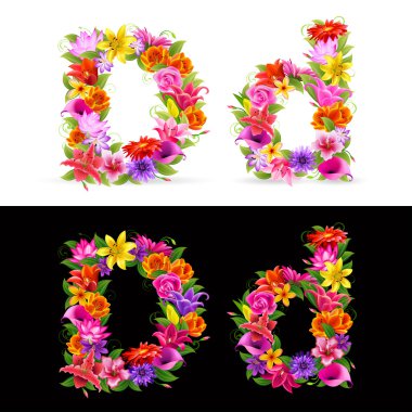 D, vector colorful flower font on white and black background. clipart