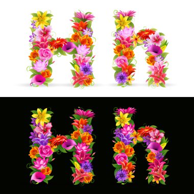 H, vector colorful flower font on white and black background. clipart