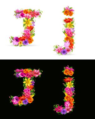 J, vector colorful flower font on white and black background. clipart