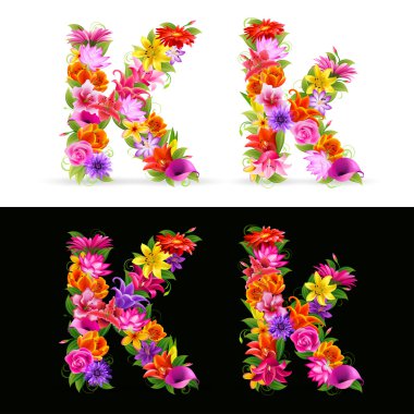 K, vector colorful flower font on white and black background. clipart