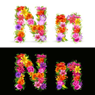 N, vector colorful flower font on white and black background. clipart