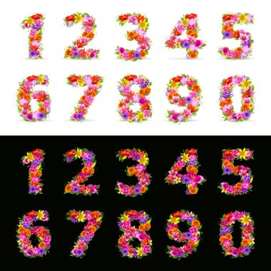 Numbers, vector colorful flower font on black and white clipart