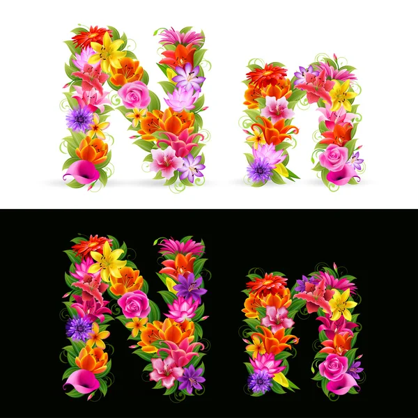 白色和黑色背景上的 矢量炫彩花卉字体 — 图库矢量图片