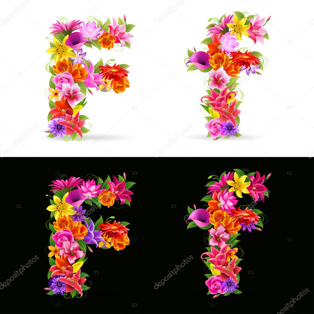 F, vector colorful flower font on white and black background.