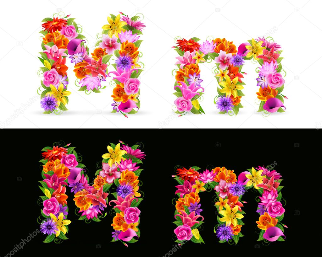 M, vector colorful flower font on white and black background.