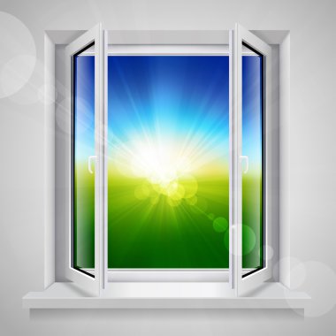 Opened plastic window with view of the green field clipart