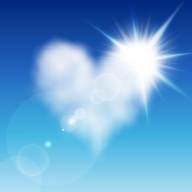 Heart shaped cloud in the blue sky with sun after it. Valentine`s day illustration clipart