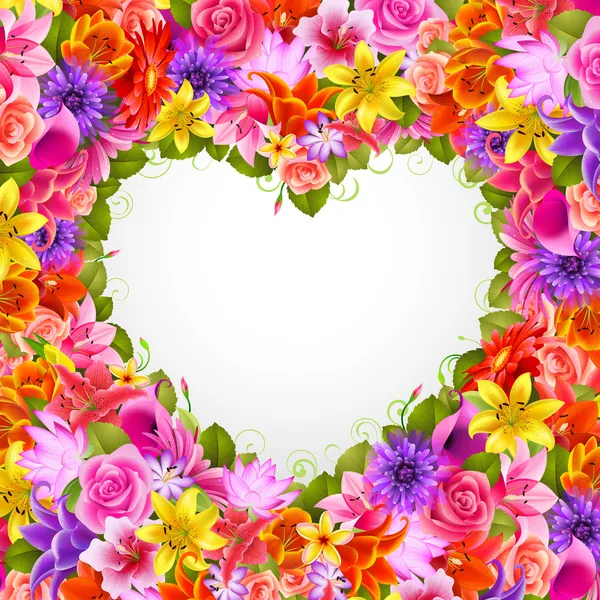 Coeur Belles Fleurs Avec Des Roses Gerberas Lis Autres — Image vectorielle