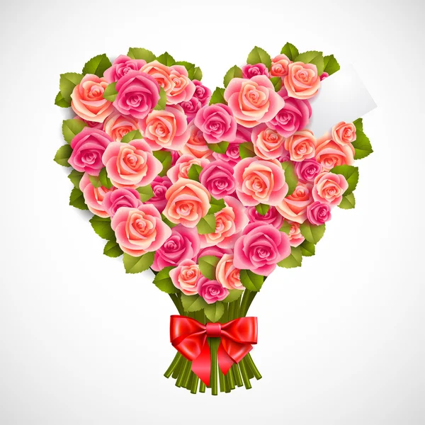 ハート型赤の弓と柔らかいピンクのバラの花束 — ストックベクタ