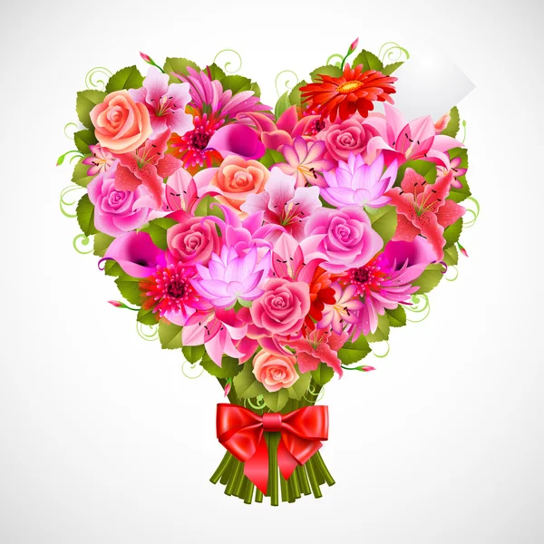 Posy Forma Corazón Rosas Rosadas Tiernas Con Lazo Rojo — Vector de stock