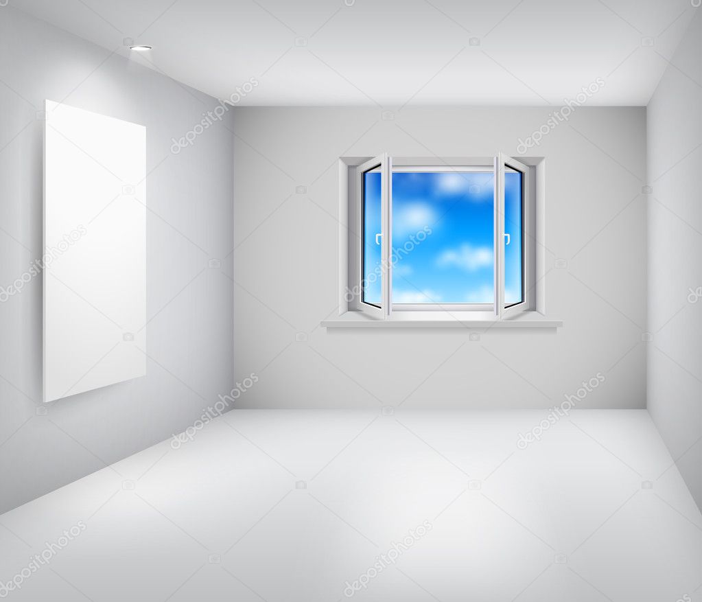 Empty white room with open window and frame