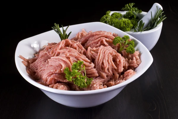 Tigela Carne Porco Picada Crua Com Argamassa Pilão — Fotografia de Stock