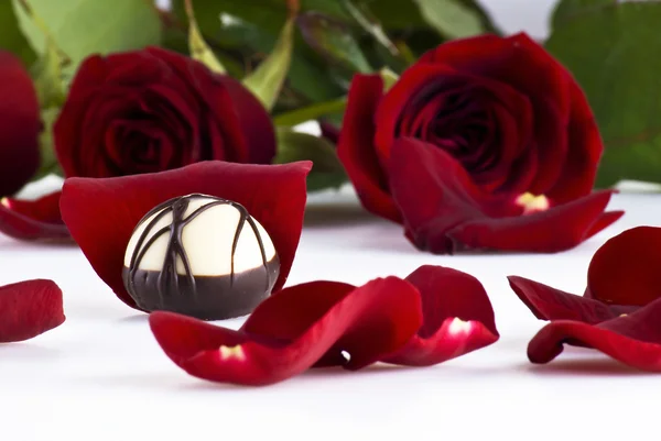 Πολυτελή Σοκολάτα Ροδοπέταλα Και Τριαντάφυλλα — Φωτογραφία Αρχείου