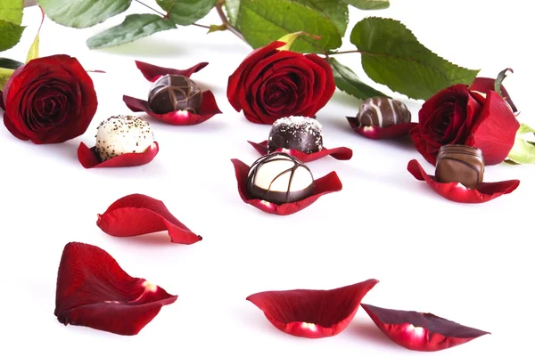 Luxury Chocolates Roses Petals Roses — Stock Photo, Image
