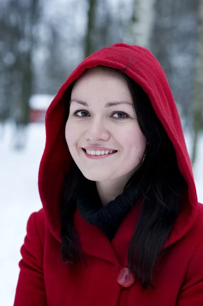Smiling Young Pretty Girl Red Coat — Stock Photo, Image