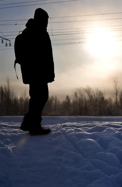 Silhouette Man Snow Winter — Stock Photo, Image
