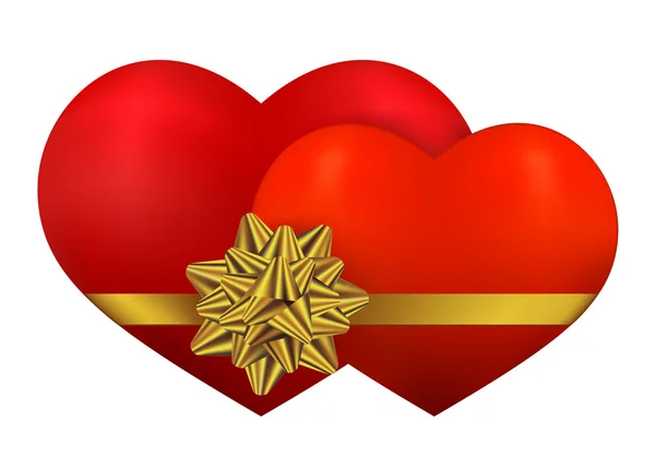 Två röda hjärta med gyllene båge — Stock vektor