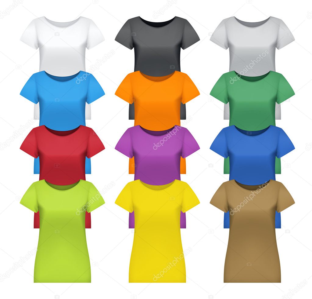 Black, white and colored women t-shirts, vector