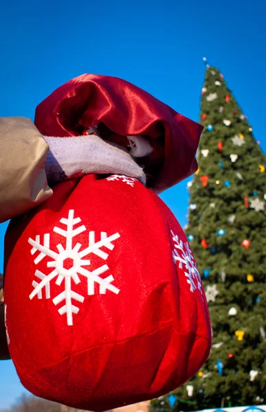 Mano che tiene una borsa con l'albero di Natale — Foto Stock