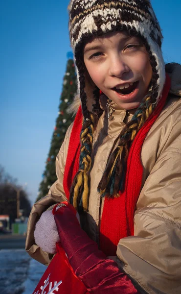Girl Holding Bag Christmas Presents — Stock Photo, Image