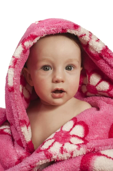 Mały chłopiec ubrany w różowe szlafrok — Zdjęcie stockowe