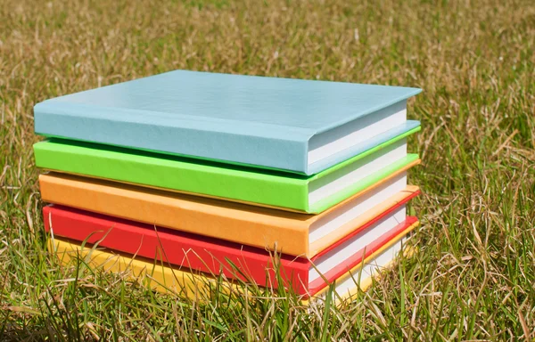 Куча книг, лежащих на траве — стоковое фото
