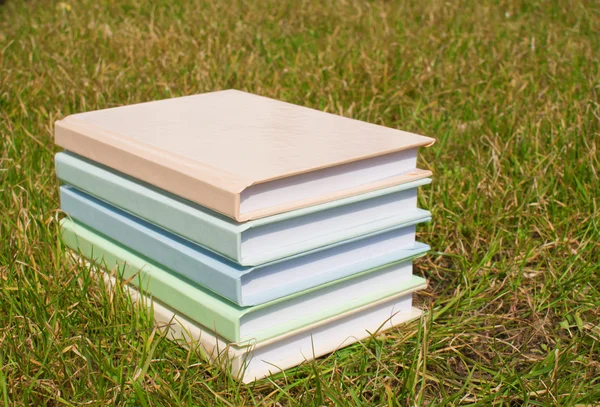 Stapel der Bücher, die im Gras liegen — Stockfoto