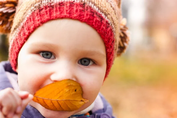 Hermoso retrato de bebé al aire libre contra la naturaleza otoño —  Fotos de Stock