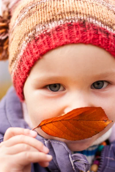 Beautiful baby portrait outdoor against autumn nature — Stock Photo, Image