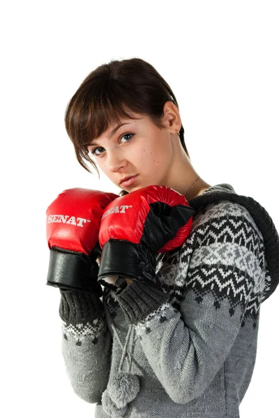 Vacker flicka i boxningshandskar — Stockfoto