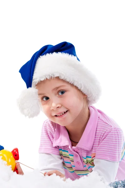 Mooi Meisje Kerstmuts Klatergoud Sneeuwkanon Geïsoleerd Wit — Stockfoto