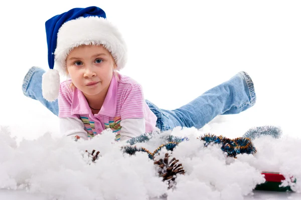 Beautiful Girl Santa Hat Tinsel Artificial Snow Isolated White — Stock Photo, Image