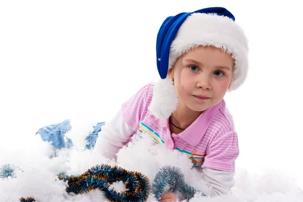 Beautiful Girl Santa Hat Tinsel Artificial Snow Isolated White — Stock Photo, Image